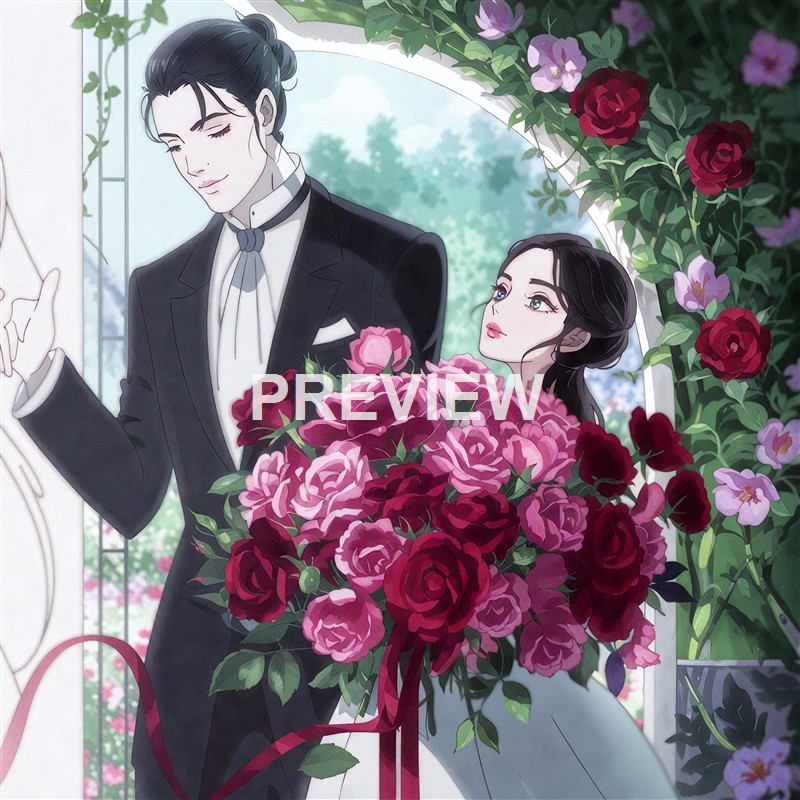 A romantic illustration of a man in a tuxedo and a woman in a white dress sharing a tender moment amidst a floral arch, with the woman holding a large bouquet of pink and red roses.